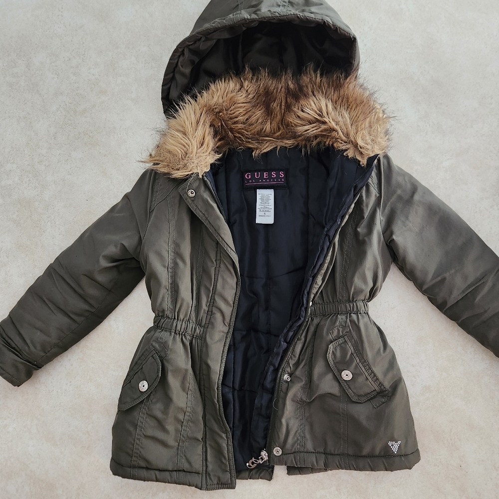 Guess Olive Green Hooded Jacket with Faux Fur Trim